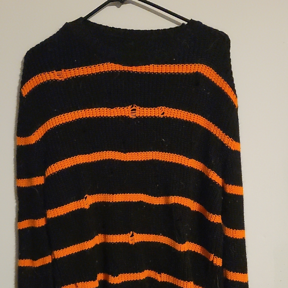 Women's Black and Orange Striped Crewneck Sweater
